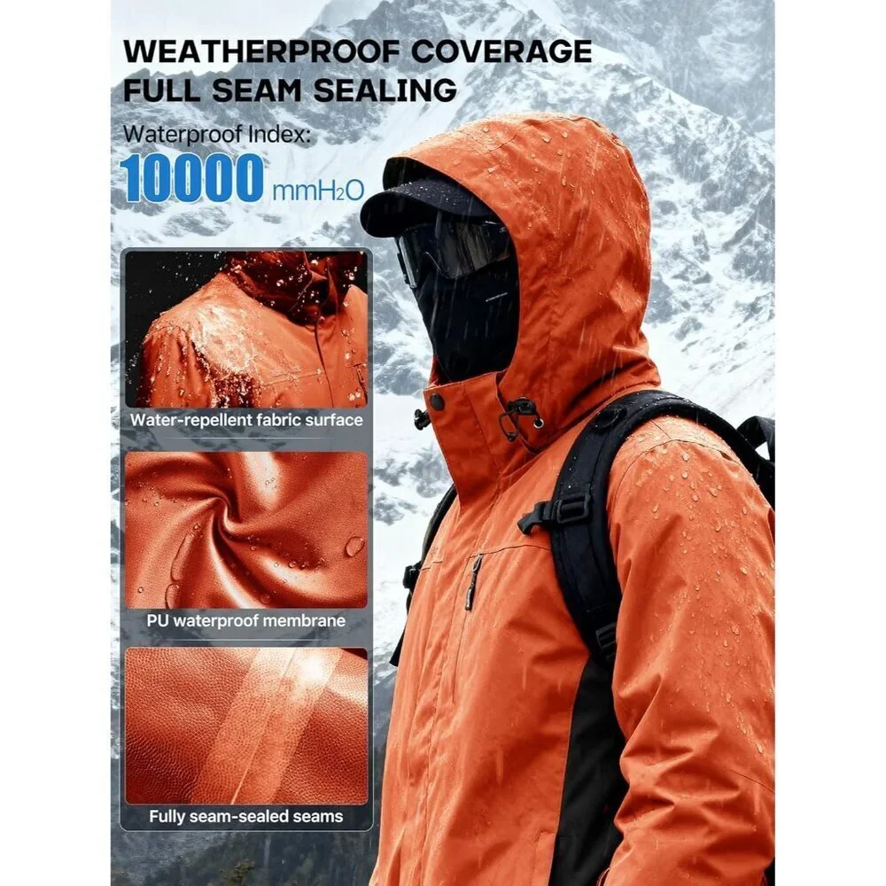 Men's Orange Black Waterproof Ski Snow Fleece Lined Warm Winter Rain Jacket